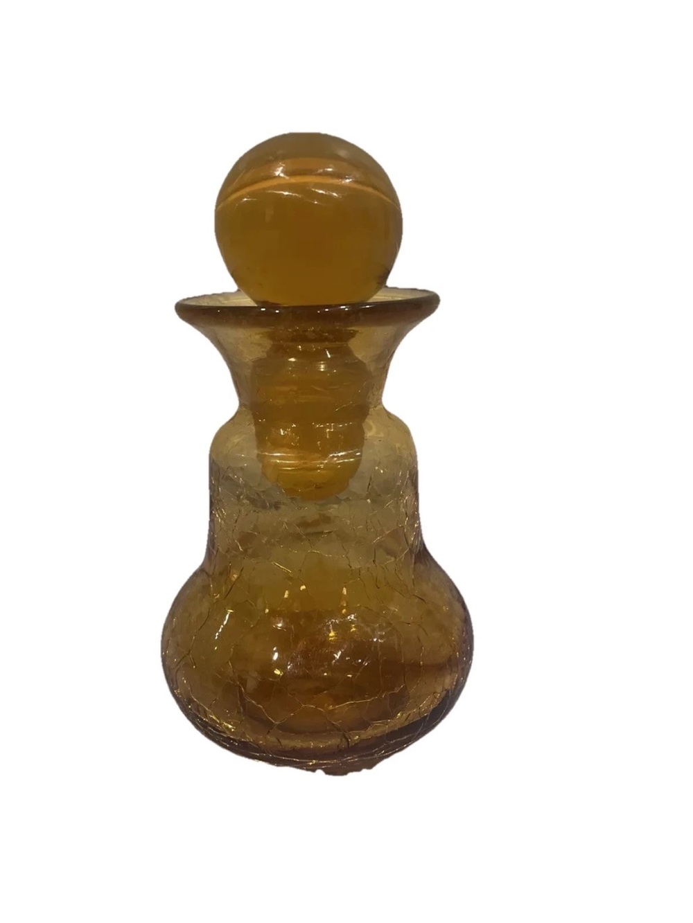 Rainbow Glass Mid Century Modern Amber Crackle Glass Decanter w/ Ball Stopper